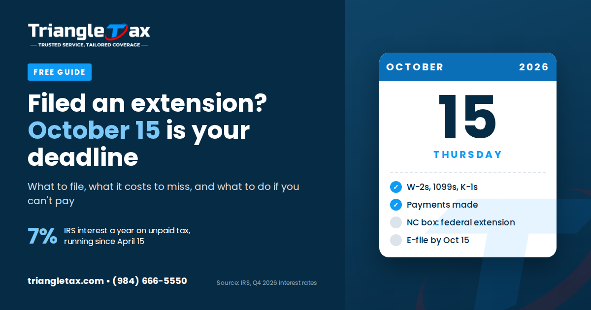 Filed an extension? October 15 is your deadline: Triangle Tax guide with an October 15 calendar page and a checklist
