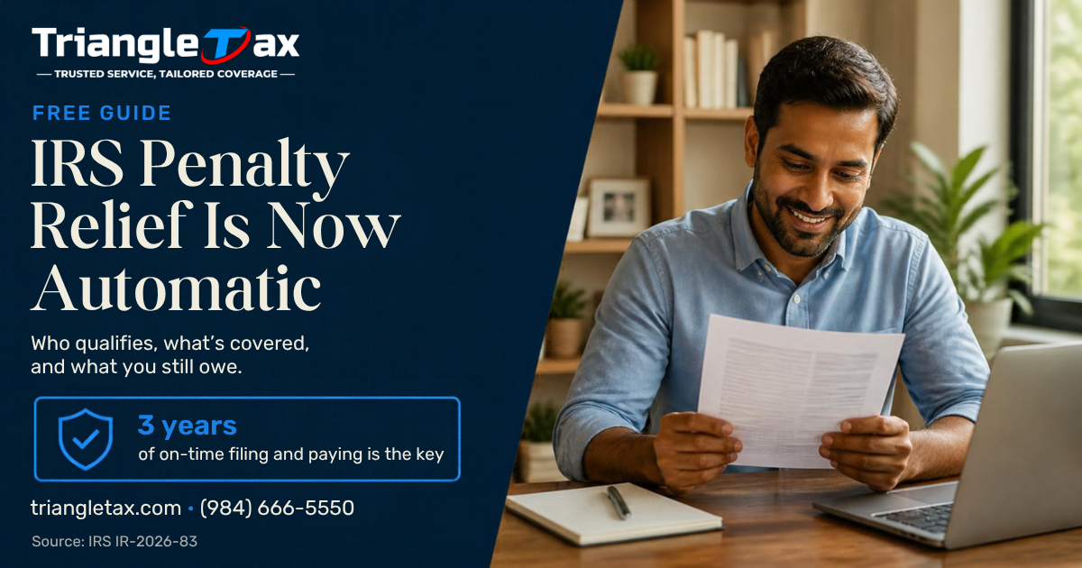 IRS Penalty Relief Is Now Automatic: free guide from Triangle Tax and Insurance, with a small business owner reading a letter at his desk